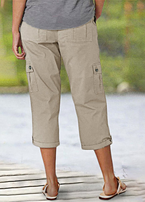 Solid-Colored Casual Cargo Capri Pants with Multiple Pockets