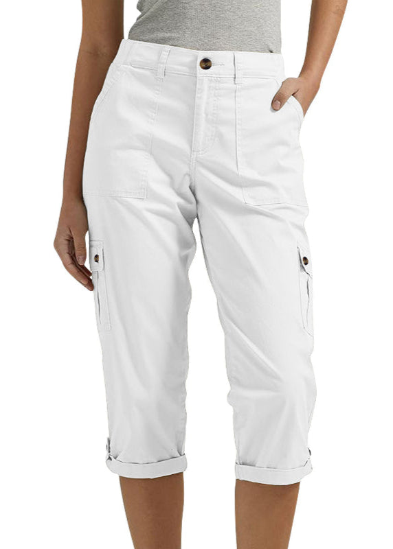 Solid-Colored Casual Cargo Capri Pants with Multiple Pockets