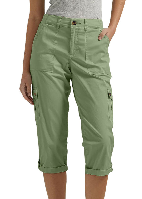 Solid-Colored Casual Cargo Capri Pants with Multiple Pockets