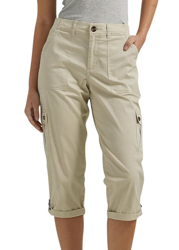 Solid-Colored Casual Cargo Capri Pants with Multiple Pockets