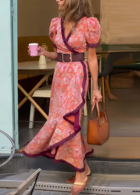 Elegant Pink Maxi Dress with Short Sleeves