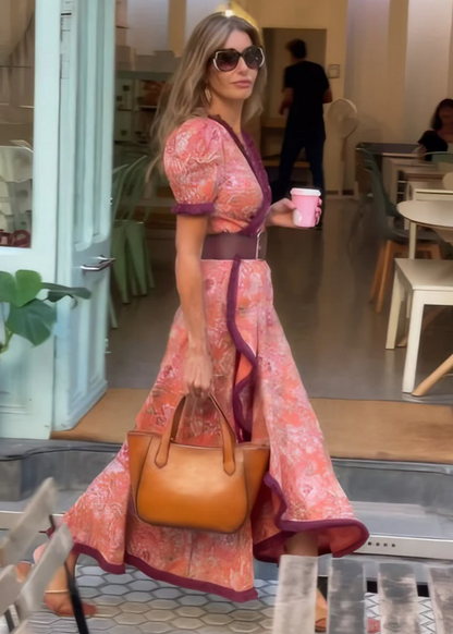 Elegant Pink Maxi Dress with Short Sleeves