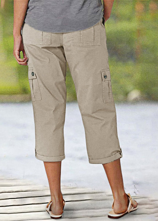 Solid-Colored Casual Cargo Capri Pants with Multiple Pockets