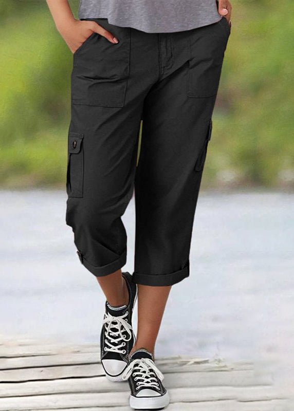 Solid-Colored Casual Cargo Capri Pants with Multiple Pockets