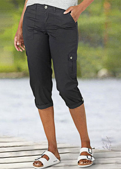 Solid-Colored Casual Cargo Capri Pants with Multiple Pockets