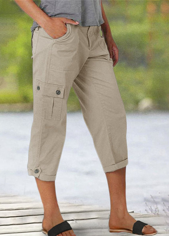 Solid-Colored Casual Cargo Capri Pants with Multiple Pockets