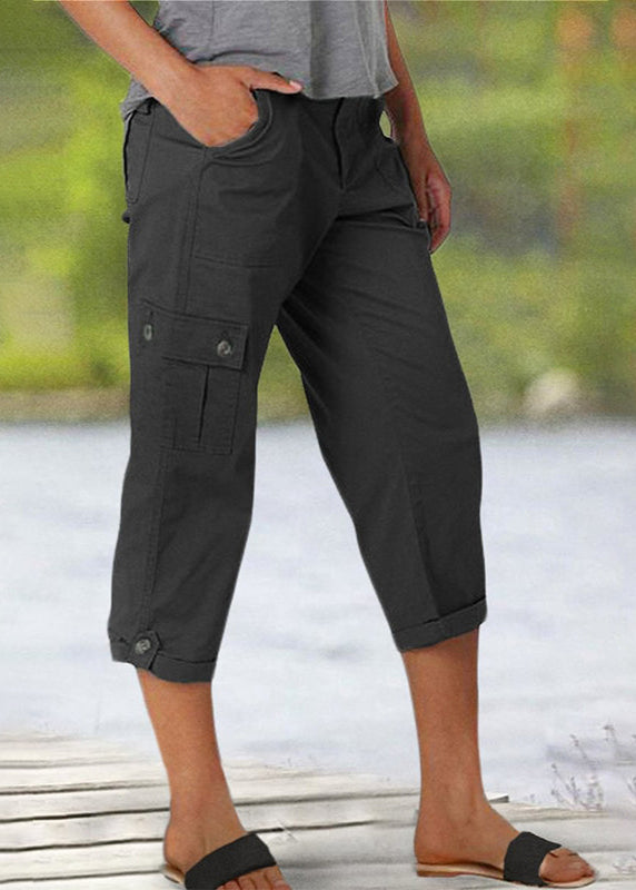 Solid-Colored Casual Cargo Capri Pants with Multiple Pockets