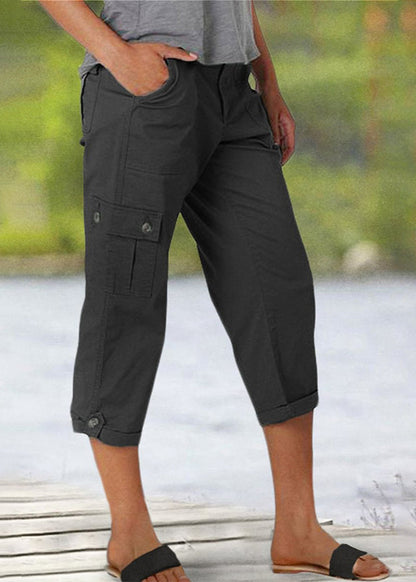 Solid-Colored Casual Cargo Capri Pants with Multiple Pockets