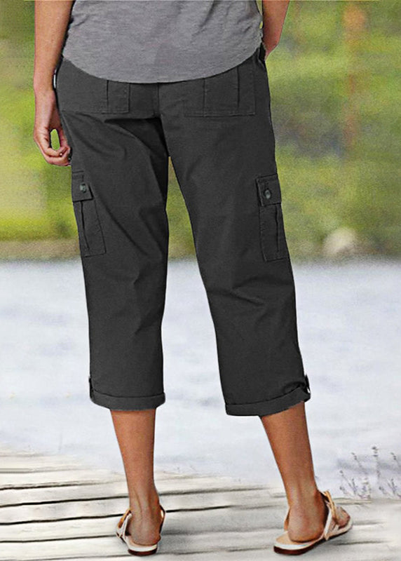 Solid-Colored Casual Cargo Capri Pants with Multiple Pockets