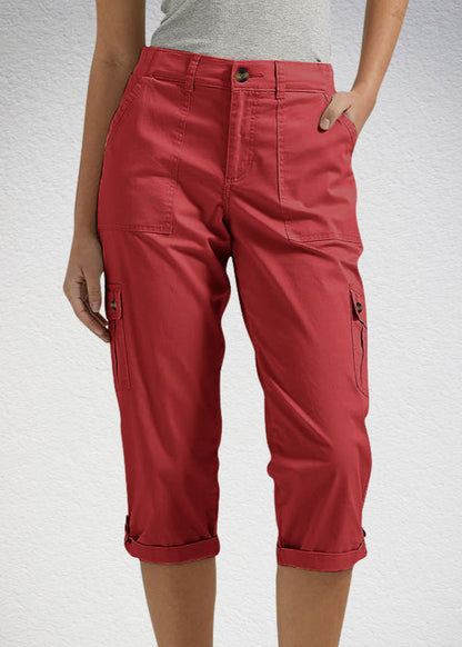 Solid-Colored Casual Cargo Capri Pants with Multiple Pockets