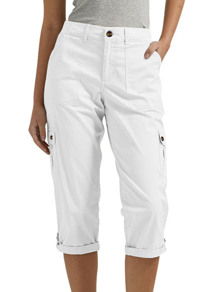 Solid-Colored Casual Cargo Capri Pants with Multiple Pockets