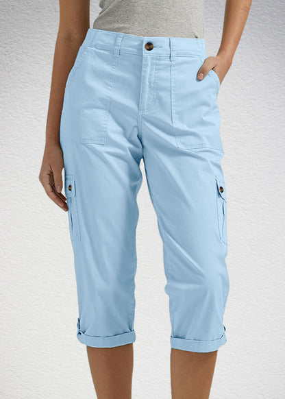 Solid-Colored Casual Cargo Capri Pants with Multiple Pockets