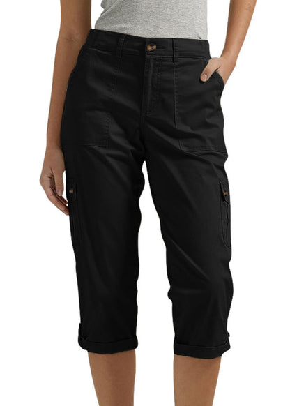 Solid-Colored Casual Cargo Capri Pants with Multiple Pockets