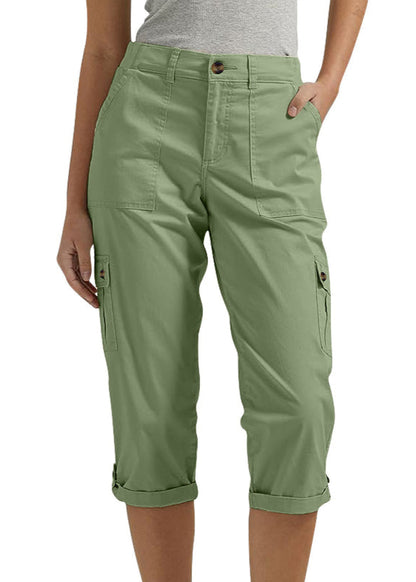 Solid-Colored Casual Cargo Capri Pants with Multiple Pockets